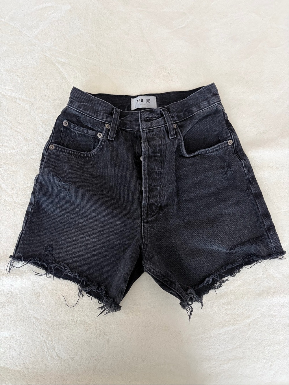 Agolde Black High-Rise Distressed Denim Shorts
